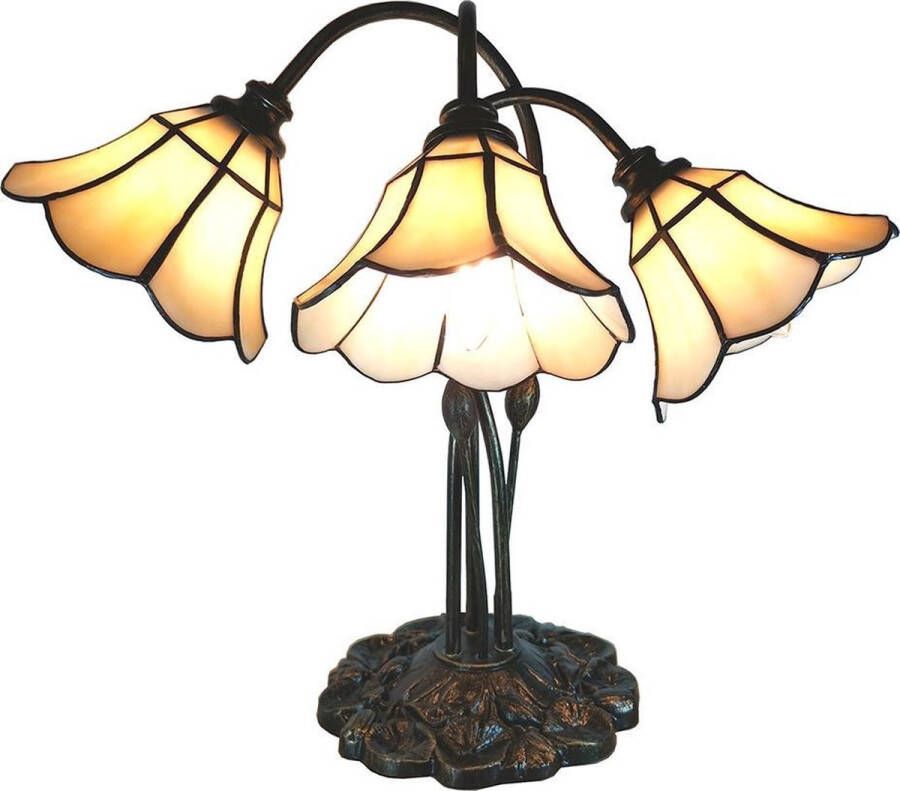 Clayre & Eef LumiLamp Tiffany Tafellamp 46*28*63 cm Meerkleurig Glas in lood Tulpen Tiffany Bureaulamp Tiffany Lampen Tiffany BureaulampTiffany Lampen