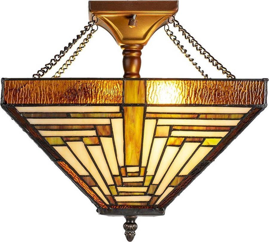 Trendybywave Plafondlamp Tiffany 31*31*43 cm 2*E27 max 40W Groen Glas in lood Vierkant Plafonniere