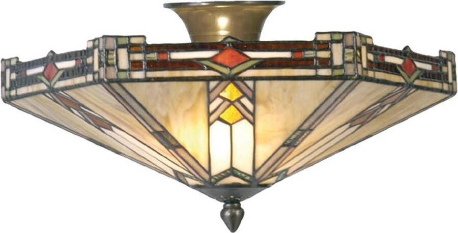 Clayre & Eef tiffany plafondlamp plafonnière uit de modern lines serie groen rood brons ivory ijzer glas metaal