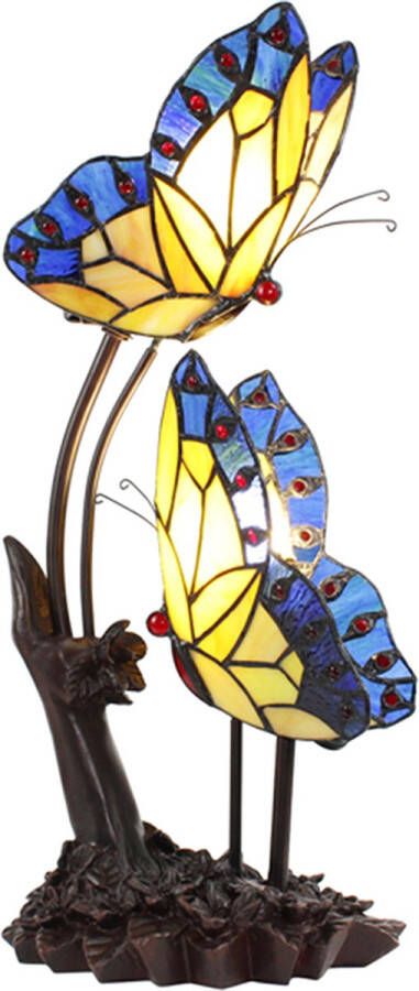 Lumilamp Tiffany Tafellamp 24x17x47 cm Blauw Geel Glas Kunststof Vlinders Tiffany Bureaulamp Tiffany Lampen Glas in Lood