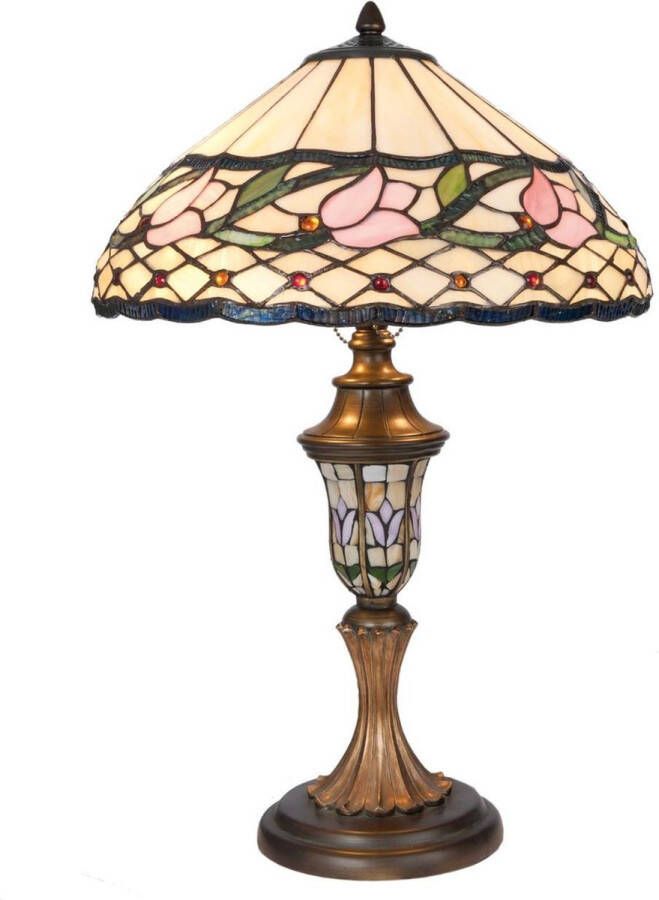 Lumilamp Tiffany Tafellamp Ø 40*60 cm E27 max 2*60W Beige Roze Glas in lood Bloem Tiffany Bureaulamp Tiffany Lampen