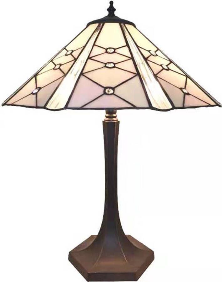 Clayre & Eef LumiLamp Tiffany Tafellamp Ø 42x54 cm Roze Wit Glas Zink Tiffany Bureaulamp Roze Tiffany Bureaulamp