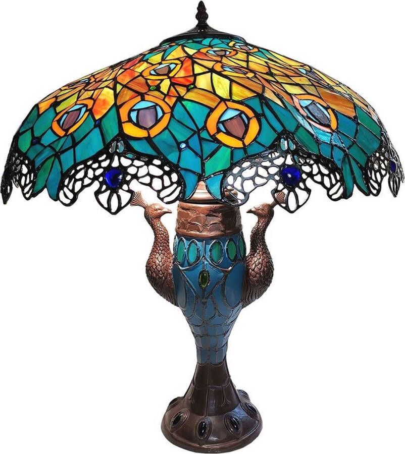 Clayre & Eef LumiLamp Tiffany Tafellamp Ø 46*61 cm Meerkleurig Glas in lood Tiffany Bureaulamp Tiffany Lampen Tiffany BureaulampTiffany Lampen