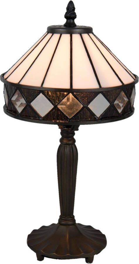 Clayre & Eef LumiLamp Tiffany Tafellamp Ø 20*36 cm E14 max 1*40W Wit Bruin Glas in lood Art Deco Tiffany Bureaulamp Tiffany Lampen