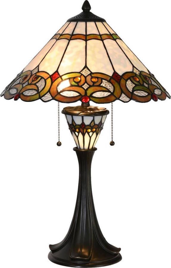 Lumilamp Tiffany Tafellamp Ø 40*61 cm E27 max 2*40W Beige Rood Glas in lood Driehoek Tiffany Bureaulamp Tiffany Lampen Tiffany BureaulampTiffany Lampen