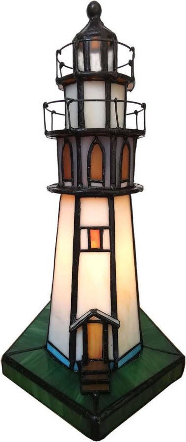 Clayre & Eef LumiLamp Tiffany Tafellamp Vuurtoren 11x11x25 cm Bruin Beige Glas Tiffany Bureaulamp Tiffany Lampen Glas in Lood Bruin