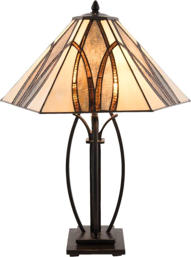 Clayre & Eef tafellamp tiffany 51x44x66 cm e27 max. 2x60 watt bruin wit ijzer glas kunststof