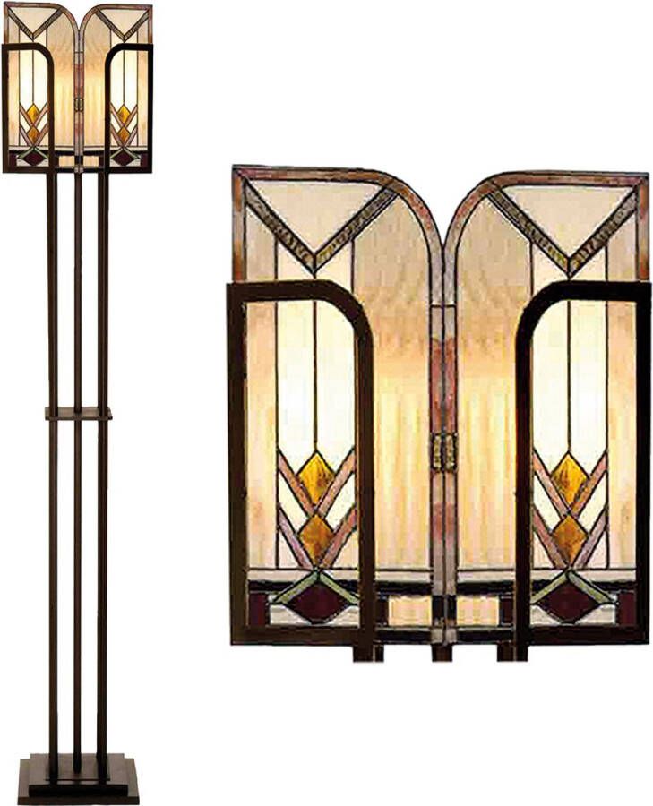 Clayre & Eef LumiLamp Tiffany Vloerlamp 35*182 cm E27 max 1*60W Beige Bruin Glas in lood Rechthoek Art Deco Staande Lamp Staanlamp Tiffany Lamp