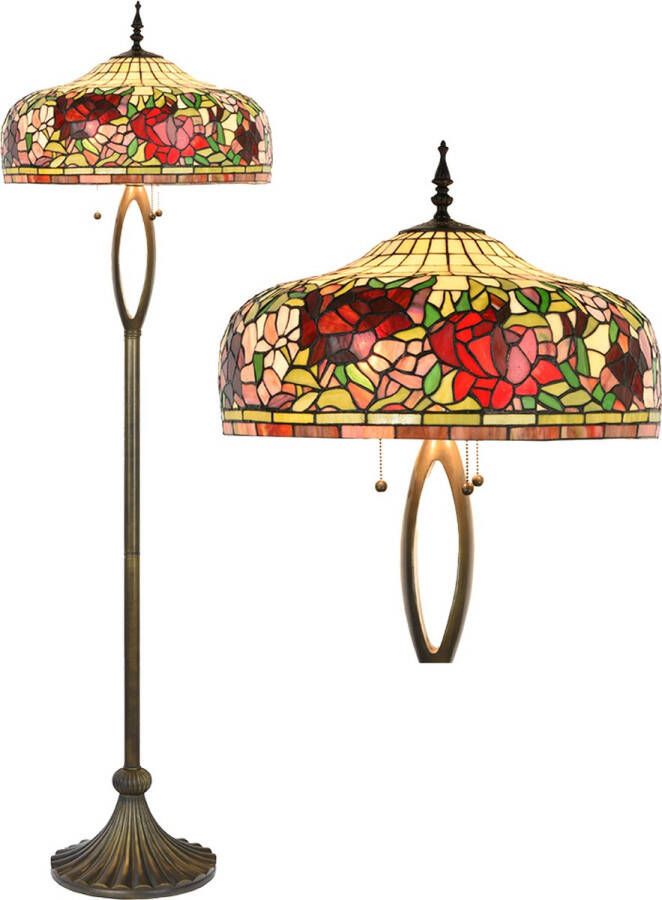 Clayre & Eef LumiLamp Tiffany Vloerlamp Ø 48x165 cm Beige Rood Glas Kunststof Rond Bloemen Staande Lamp Beige Staande Lamp