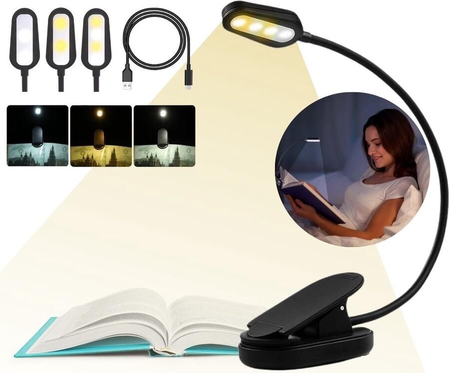Luminairo Leeslamp met klem- Voor boek 4 LED Usb Oplaadbaar 3 dimfunctie