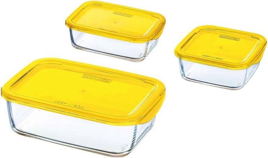 Luminarc 3x Glazen voorraad vershoud bakjes geel Voedsel bewaar bakjes Mealprep Lunchbox