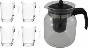 Luminarc Glazen theepot zwart met filter van 1 5 liter met 10x stuks theeglazen van 320 ml Theepotten