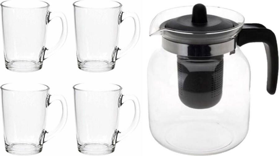 Luminarc Glazen theepot zwart met filter van 1 5 liter met 10x stuks theeglazen van 320 ml Theepotten