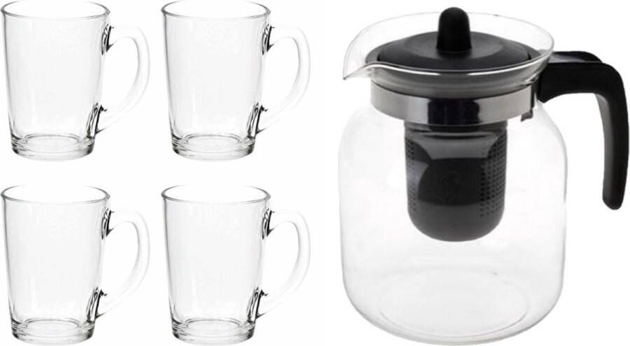 Luminarc Glazen theepot zwart met filter van 1 5 liter met 8x stuks theeglazen van 320 ml Theepotten