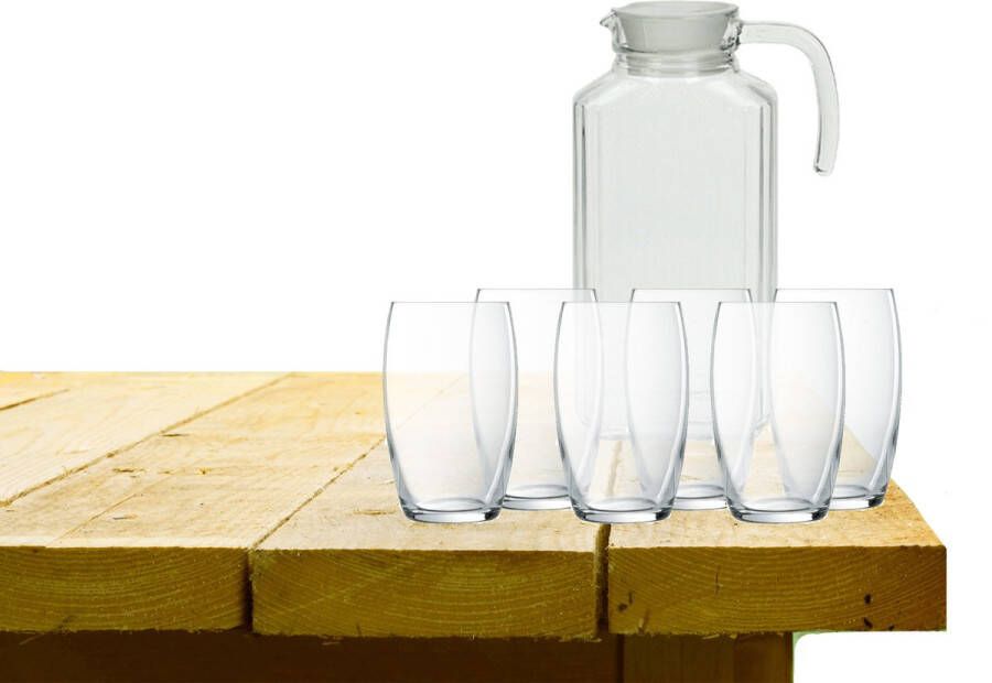 Luminarc karaf schenkkan met afsluitdop van glas 1700 ml met 6x stuks Versailles luxe drinkglazen waterglazen 375 ML