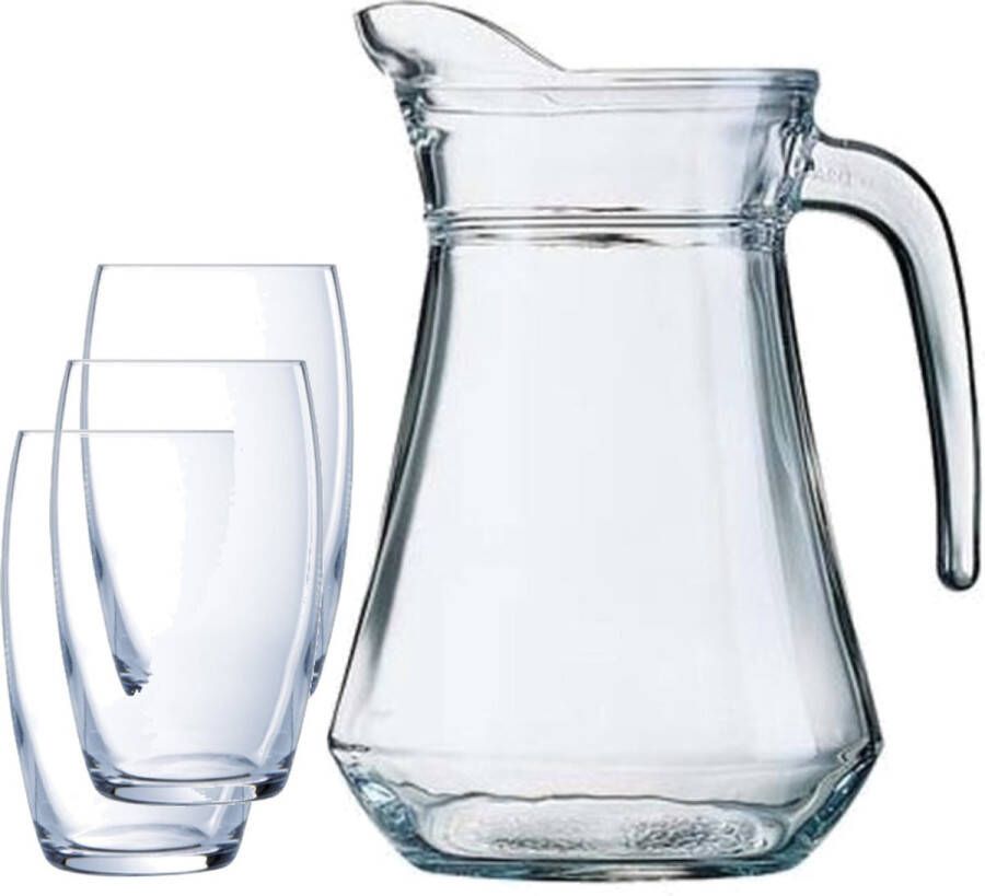 Luminarc karaf schenkkan van glas 1300 ml met 6x stuks Versailles luxe drinkglazen waterglazen 375 ML