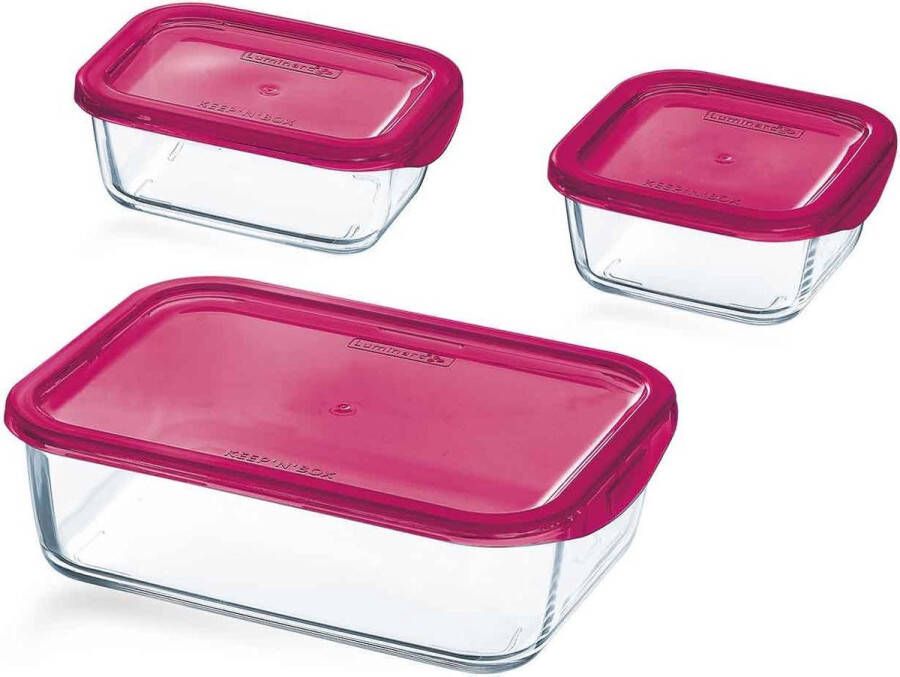Luminarc Keep &apos;n Box vershoudbak glas Set-3 donker roze