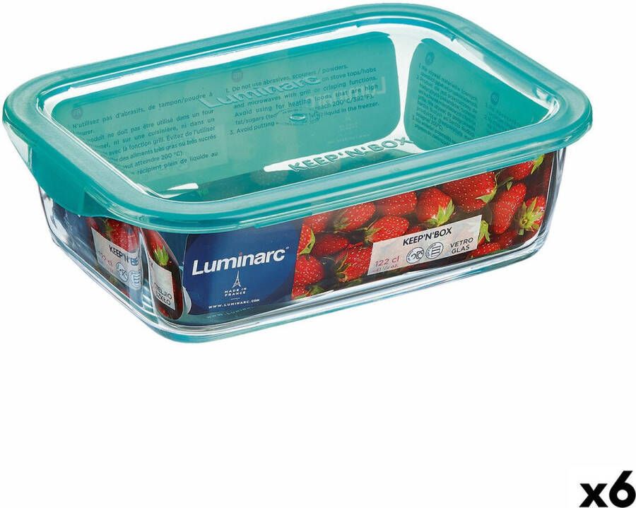 Luminarc Rechthoekige lunchbox met deksel Keep'n Lagon 12 x 8 5 x 5 4 cm Turkoois 380 ml Glas (6 Stuks)
