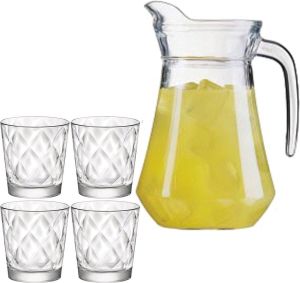 Luminarc schenkkan waterkan van glas 1.6 liter met 6x stuks Kaleido waterglazen van 240 ml