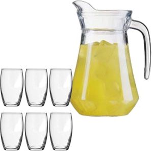 Luminarc schenkkan waterkan van glas 1.6 liter met 6x stuks Tumbler waterglazen van 360 ml