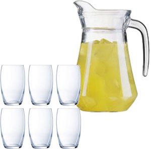 Luminarc schenkkan waterkan van glas 1.6 liter met 6x stuks Versailles waterglazen van 375 ml