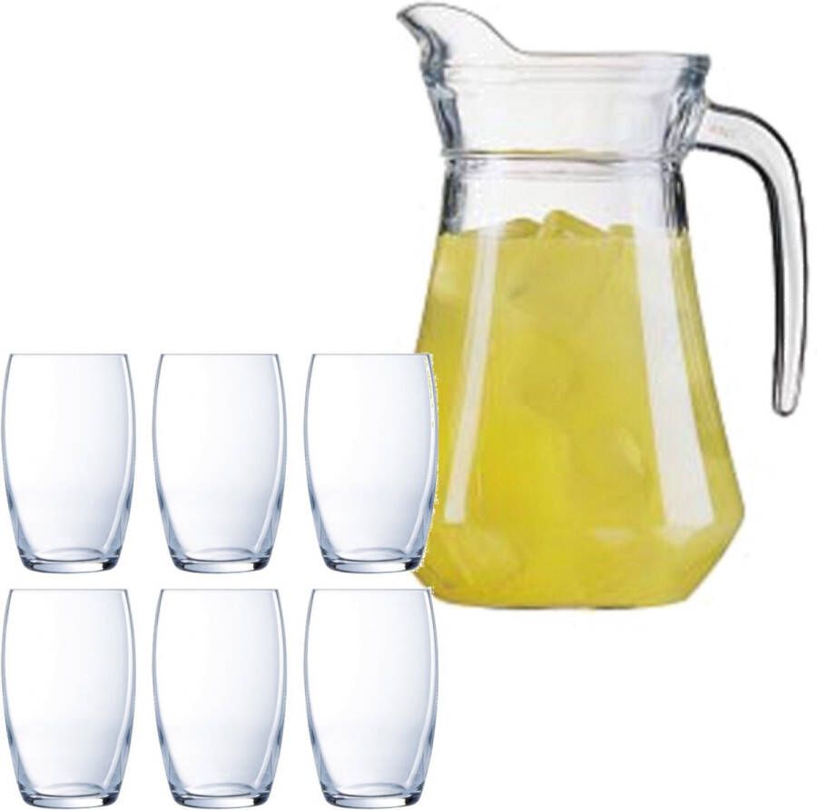 Luminarc schenkkan waterkan sapkan van glas 1.0 liter met 6x stuks Versailles waterglazen drinkglazen van 375 ml