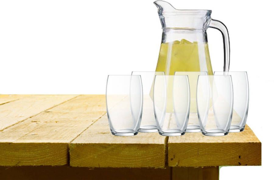 Luminarc schenkkan waterkan sapkan van glas 1.6 liter met 6x stuks Versailles waterglazen drinkglazen van 375 ml