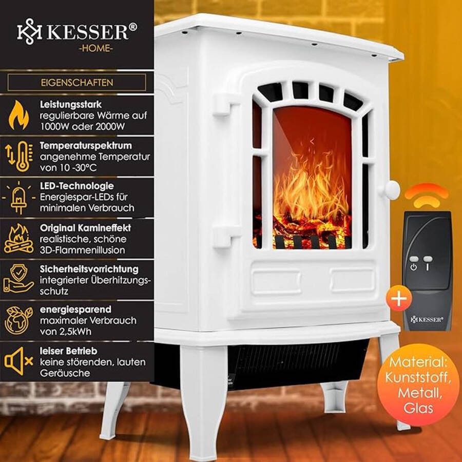 Luminart Home Elektrische open haard met ventilatorkachel en afstandsbediening 2000 W elektrische verwarming led-haardvuureffect kachel-effect geluidsarm regelbaar wit