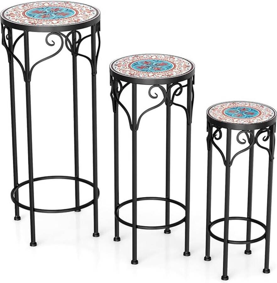 Luminart Mozaïek Bloemenstandaard set van 3 bloemenkruk metalen plantentafel bijzettafel mozaïektafel plantenkruk voor terras balkon thuis