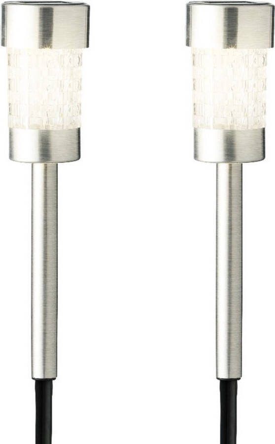Lumineo 2x Buiten tuin LED zilveren stekers solar verlichtingen 26 cm Tuinverlichtingen Tuinlampen Solarlampen op zonne-energie