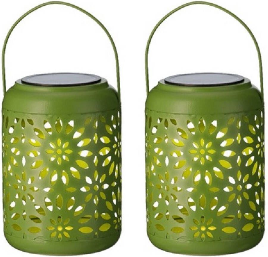 Merkloos Sans marque 2x stuks solar lantaarn ijzer groen met hengsel 17 cm Tuinlantaarns Solarverlichting Tuinverlichting