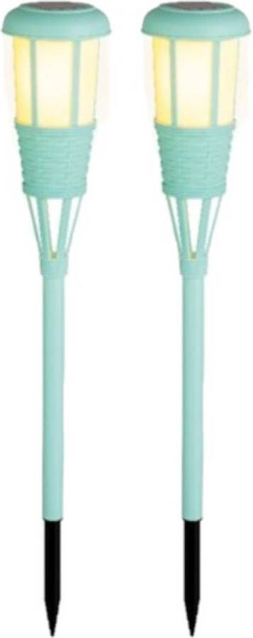 Lumineo 2x stuks solar tuinfakkel tuinlamp turquoise op zonne-energie 61 cm Prikspots tuinverlichting