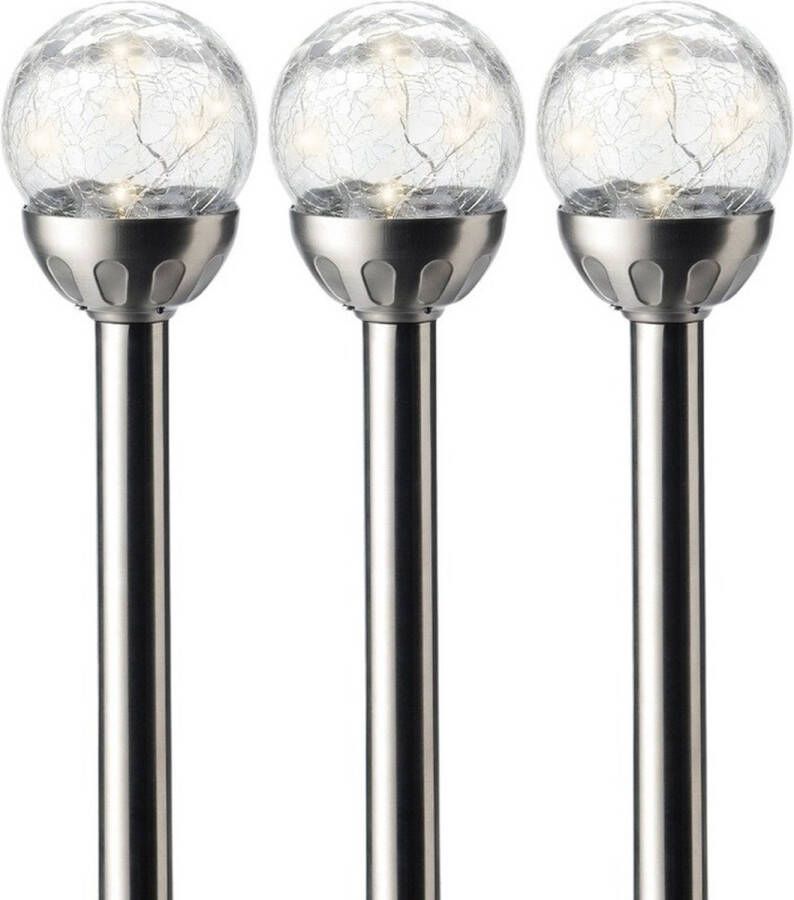 Lumineo 3x Buiten tuin LED RVS bol stekers Navi solar verlichting 30 cm Tuinverlichting Tuinlampen Solarlampen op zonne-energie