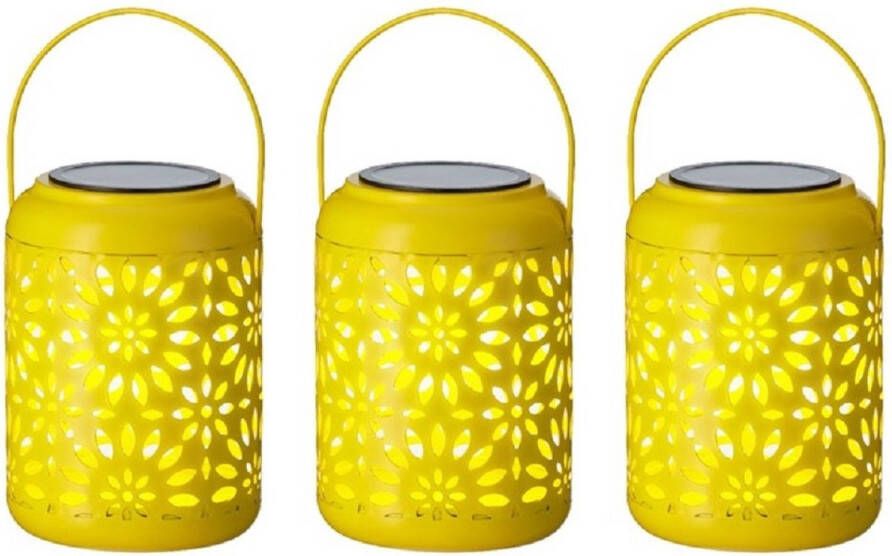 Lumineo 3x stuks solar lantaarn ijzer geel met hengsel 17 cm Tuinlantaarns Solarverlichting Tuinverlichting