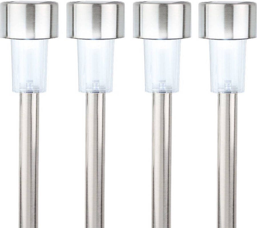 Lumineo 5x Buiten tuin LED zilveren stekers solar verlichtingen 36 cm RVS koel wit Tuinverlichtingen Tuinlampen Solarlampen op zonne-energie