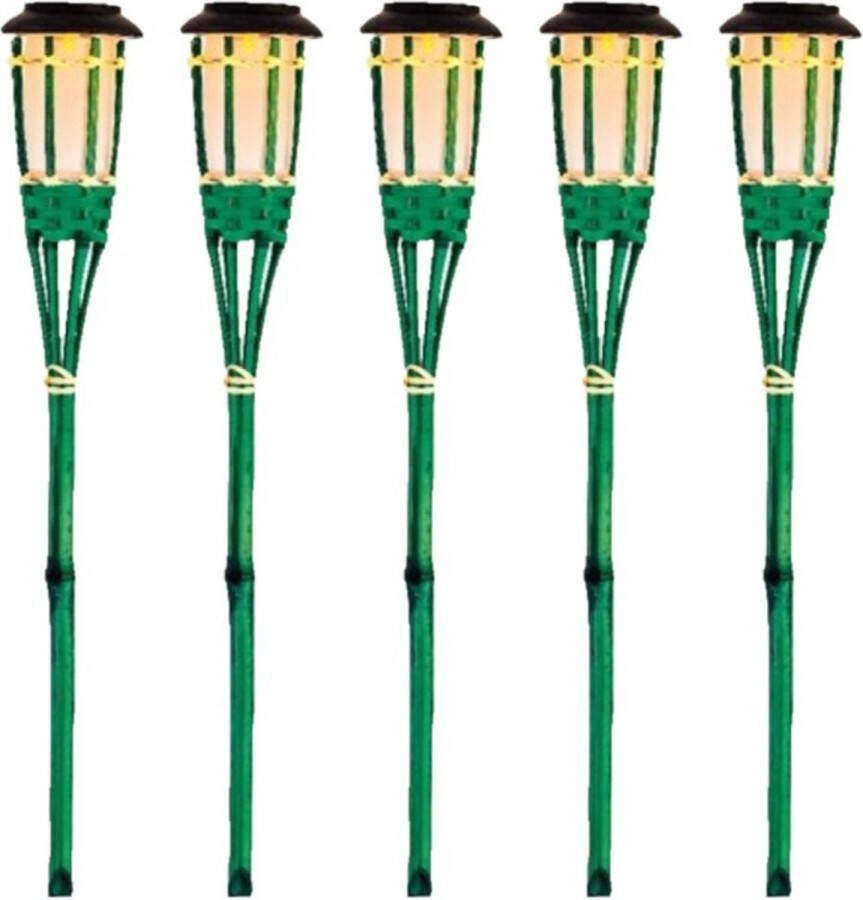 Lumineo 5x Groene buiten tuin Led fakkel Bodi solar verlichting bamboe 54 cm vlam Tuinfakkel Tuinlampen Lampen op zonne-energie
