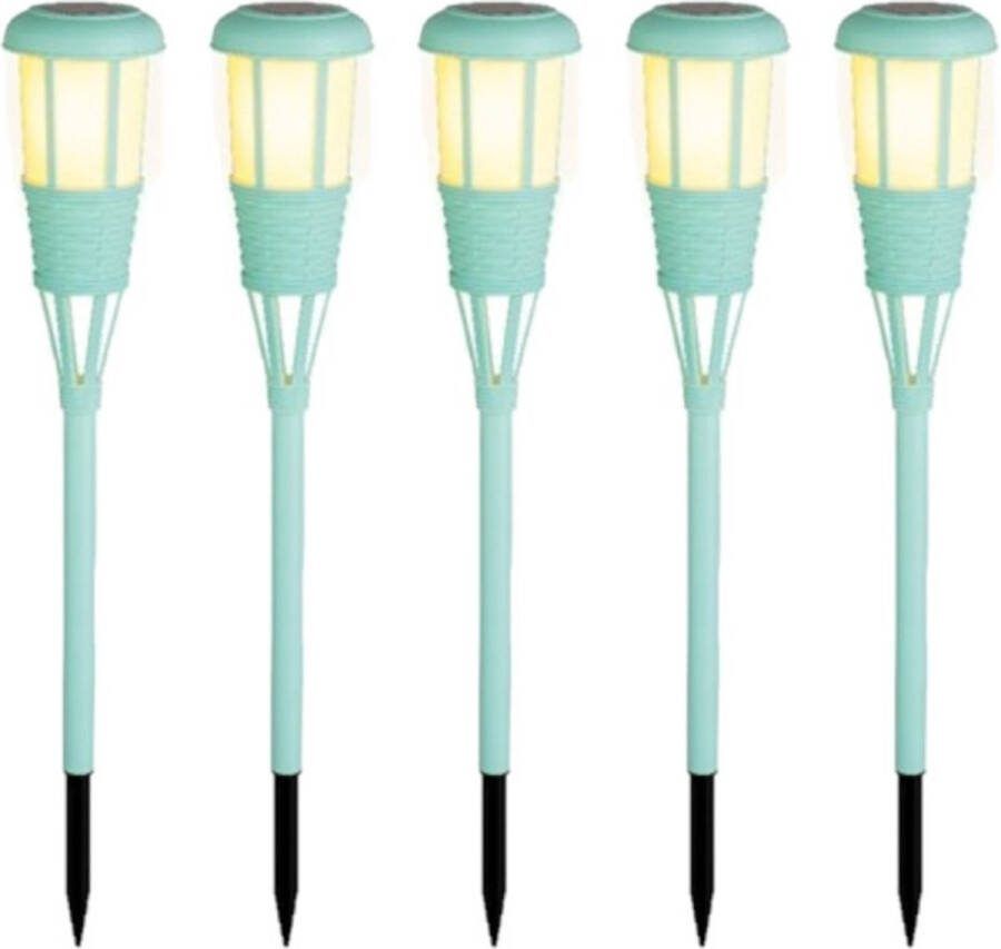 Lumineo 5x stuks solar tuinfakkel tuinlamp turquoise op zonne-energie 61 cm Prikspots tuinverlichting