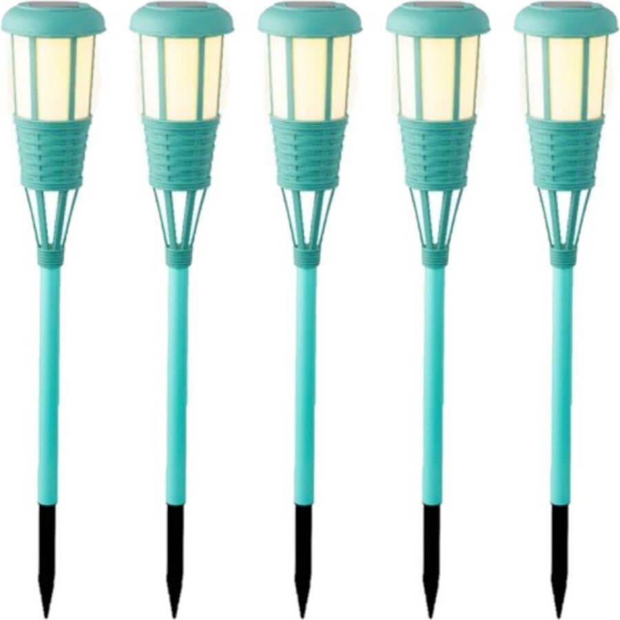Lumineo 5x stuks solar tuinfakkel tuinlamp zeegroen op zonne-energie 61 cm Prikspots tuinverlichting