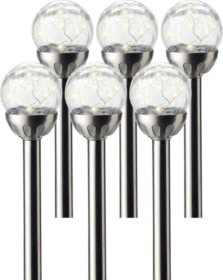 Lumineo 6x Buiten tuin LED RVS bol stekers Navi solar verlichting 30 cm Tuinverlichting Tuinlampen Solarlampen op zonne-energie