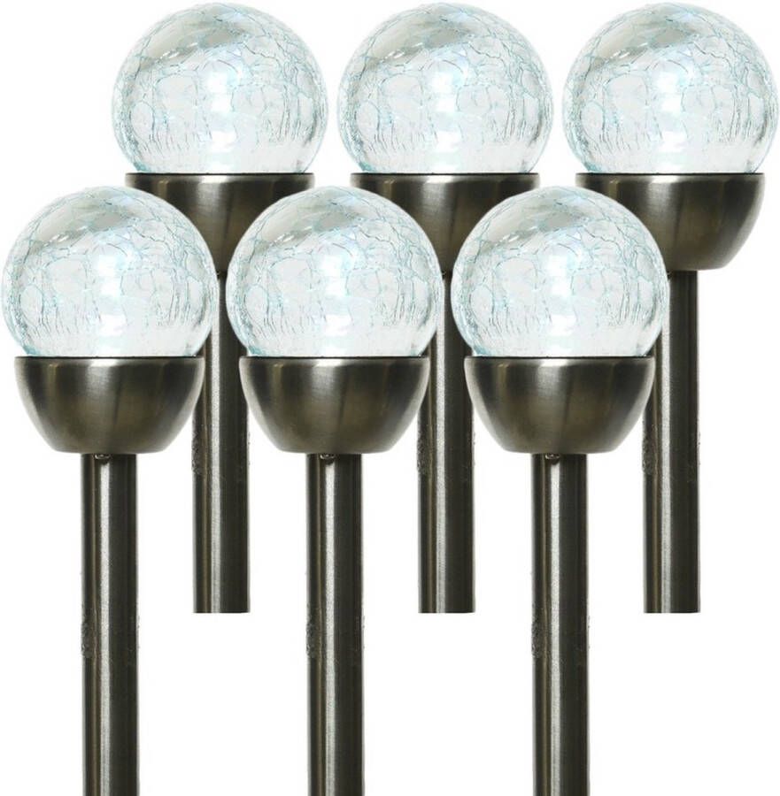 Lumineo 6x Buiten tuin LED RVS bollen stekers Navi solar verlichting colour changing 24 cm Tuinlampen Solarlampen op zonne-energie