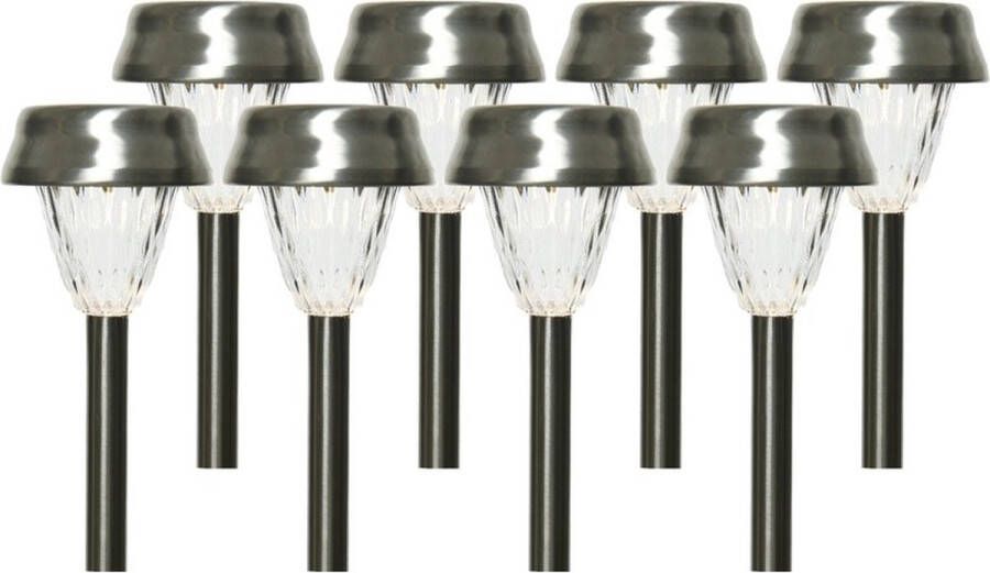 Lumineo 8x Buiten LED RVS lantaarn stekers solar verlichting 24 cm Tuinverlichting Tuinlampen Solarlampen op zonne-energie