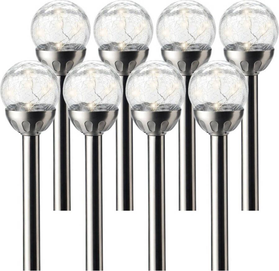 Lumineo 8x Buiten tuin LED RVS bol stekers Navi solar verlichting 30 cm Tuinverlichting Tuinlampen Solarlampen op zonne-energie