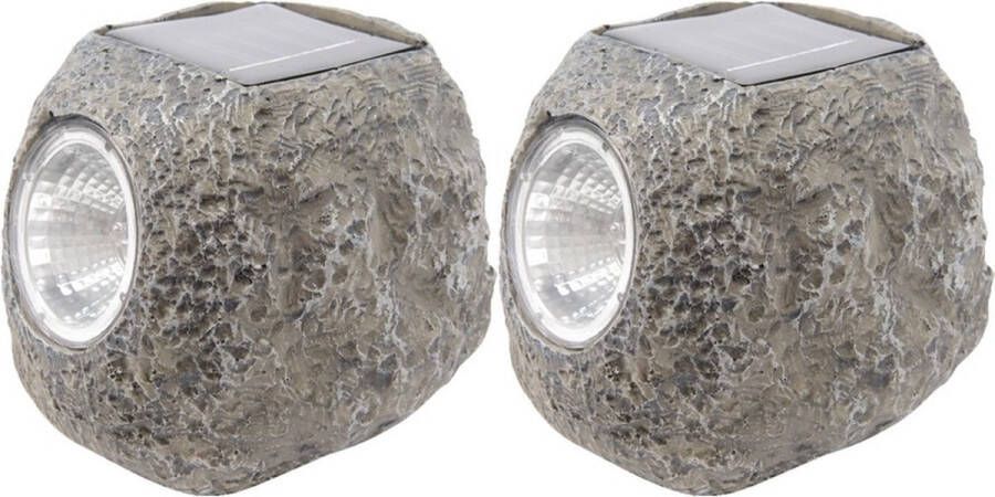 Lumineo 2x Buiten tuin LED stenen spots solar verlichting 10 cm Tuinverlichting Tuinlampen Steen solarlampen op zonne-energie