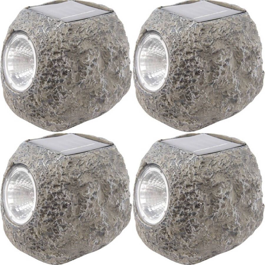 Lumineo 4x Buiten tuin LED stenen spots solar verlichting 10 cm Tuinverlichting Tuinlampen Steen solarlampen op zonne-energie