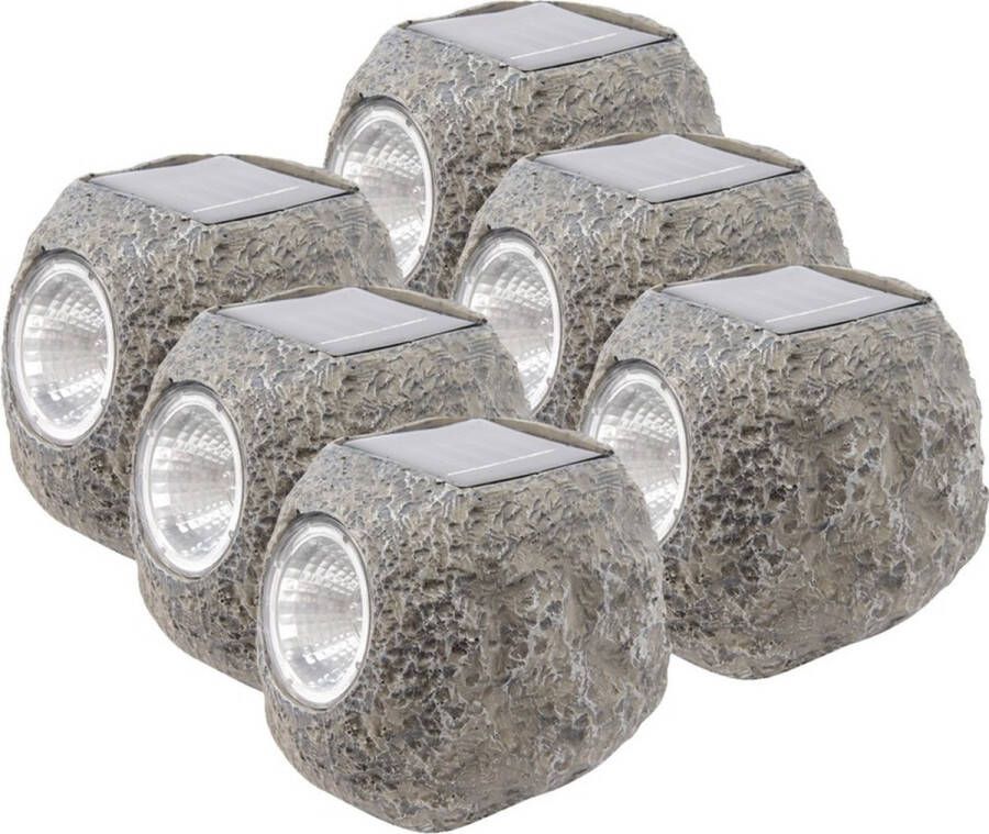 Lumineo 6x Buiten tuin LED stenen spots solar verlichting 10 cm Tuinverlichting Tuinlampen Steen solarlampen op zonne-energie