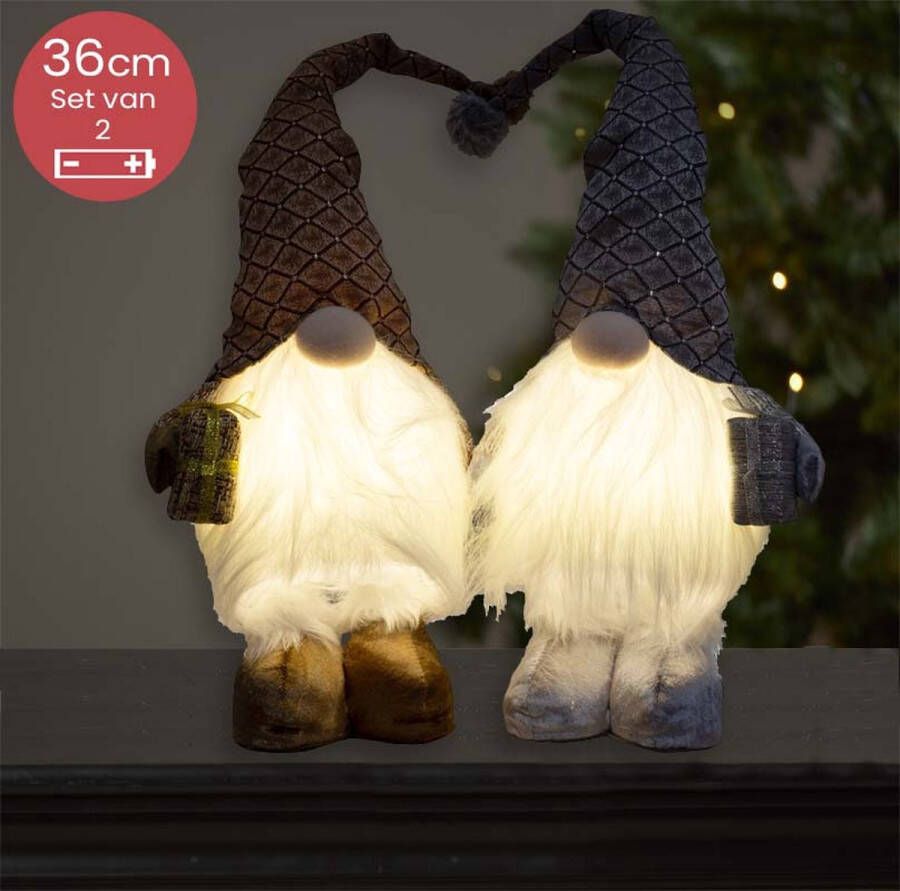 Lumineo Handgemaakt Gnomen-duo bruin grijs met LED verlichting en cadeautje 36(61)cm