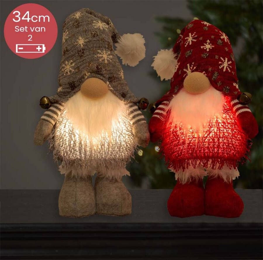 Lumineo Handgemaakt rood grijs Gnomen-duo met LED verlichting 34(56)cm
