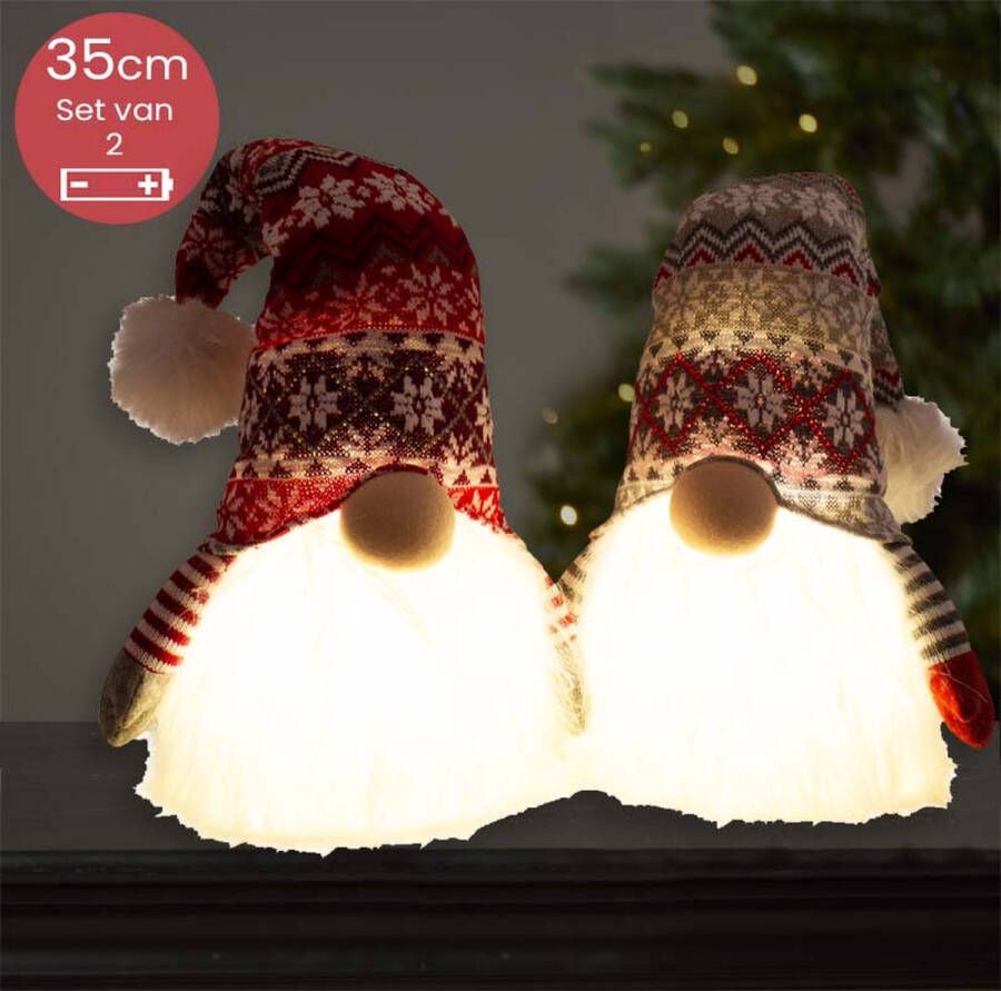 Lumineo Handgemaakt wit Gnomen-duo met LED verlichting en sierlijke mutsen 35(60)cm