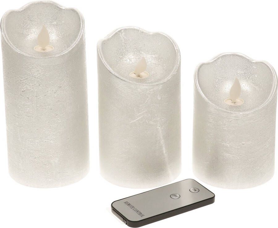 Lumineo Kaarsen set van 3x stuks led stompkaarsen zilver met afstandsbediening Woondecoratie Elektrische kaarsen