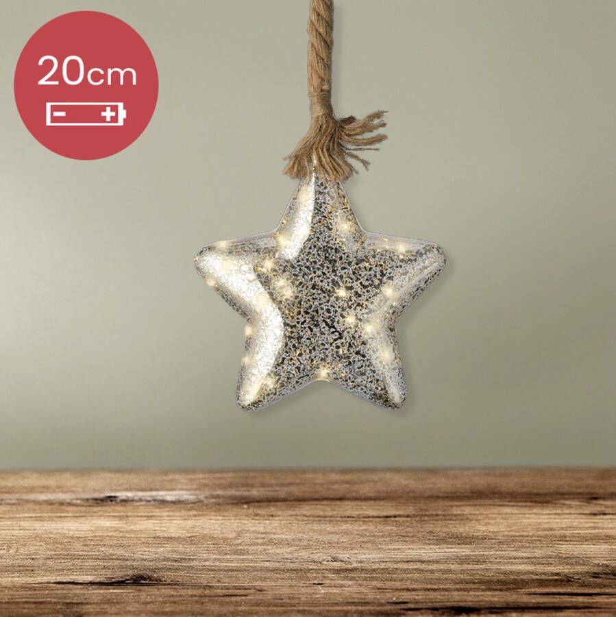 Lumineo Kerstster met jute touw en 15 LED lampjes 20cm Zilver glas